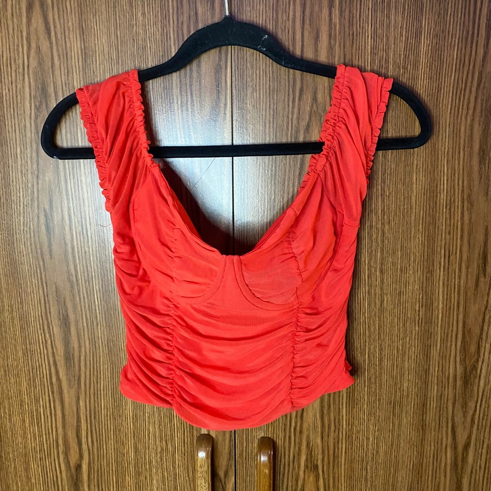 Just Polly Ruched Mesh Bustier Crop Top Womens Medium Red Sleeveless Scoop Neck‎